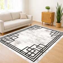 Siyah Zeminli Geometrik Çizgili Salon Halısı Toz Tutmaz Kaymaz Tabanlı Modern Yaşam Alanları Için - FNL-179