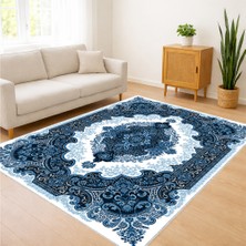 Lacivert Tonlarda Oval Klasik Desenli Salon Halısı Yıkanabilir Toz Tutmaz Kaymaz Tabanlı - Fnl-89