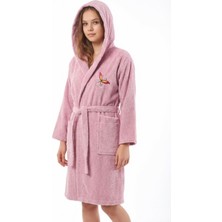 Hera Textile Kapüşonlu ve Kemerli Pamuklu PEMBE Erkek-Kız Genç Çocuk Bornozu(PAMUKLU-KELEBEK NAKIŞLI-YUMUŞAK)