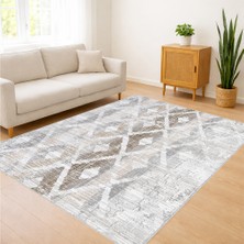 Açık Gri ve Krem Tonlarda Geometrik Desenli Salon Halısı Yıkanabilir Kaymaz Tabanlı Toz ve Leke Tutmaz Ferah Kullanım - FNL-445