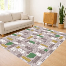 Renkli Kare Desenli Salon Halısı Toz Tutmaz Kaymaz Tabanlı Modern ve Eğlenceli Tasarım - FNL-311