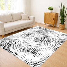 Beyaz ve Siyah Spiral Desenli Salon Halısı Yıkanabilir Antialerjik Kaymaz Tabanlı - FNL-327