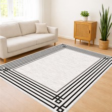Bej Zeminli Ince Çizgili Sade Salon Halısı Antialerjik Kaymaz Tabanlı Minimal Stil - SM-460
