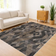 Koyu Gri ve Siyah Tonlarda Geometrik Desenli Oturma Odası Halısı Toz Tutmaz Kaymaz Tabanlı - FNL-308
