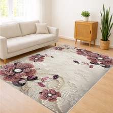 Krem Zeminli Çiçek Desenli Salon Halısı Antialerjik Kaymaz Tabanlı Romantik Dekorasyon - SM-252