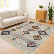 Bej Zeminli Renkli Etnik Motifli Salon Halısı Yıkanabilir Toz Tutmaz Kaymaz Tabanlı - SM-329
