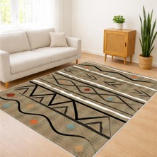 Bej Zeminli Etnik Geometrik Desenli Salon Halısı Toz Tutmaz Kaymaz Tabanlı Modern Dokunuş - FNL-378