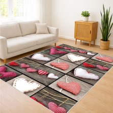 Krem Zeminli Pembe Kalp Desenli Salon Halısı Antialerjik Kaymaz Tabanlı Yumuşak Stil - SM-151