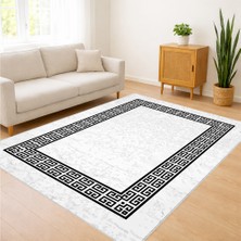 Beyaz Zeminli Siyah Bordürlü Salon Halısı Yıkanabilir Antialerjik Kaymaz Tabanlı - SD-1078