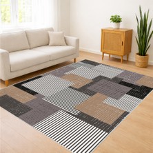 Bej ve Gri Tonlarda Patchwork Desenli Salon Halısı Yıkanabilir Kaymaz Tabanlı - SM-418