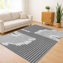 Gri ve Beyaz Tonlarda Soyut Desenli Salon Halısı Antialerjik Kaymaz Tabanlı - SM-481