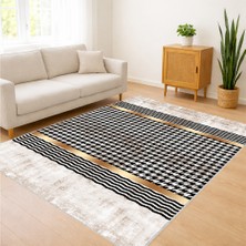 Bej ve Siyah Çizgili Modern Salon Halısı Yıkanabilir Toz Tutmaz Kaymaz Tabanlı - SD-1188