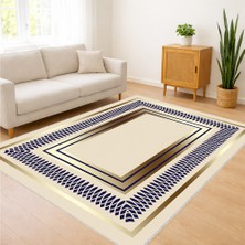 Bej Zeminli Lacivert Çerçeveli Klasik Salon Halısı Antialerjik Kaymaz Tabanlı Zamansız Stil - SM-388