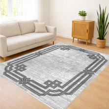 Açık Gri Zeminli Klasik Çerçeve Desenli Salon Halısı Toz Tutmaz Kaymaz Tabanlı Dengeli Stil - FNL-423