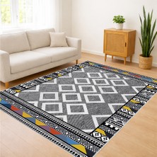Gri ve Sarı Detaylı Geometrik Desenli Salon Halısı Toz Tutmaz Kaymaz Tabanlı Modern Görünüm - SD-762