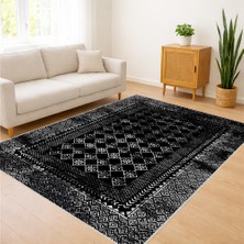 Siyah Zeminli Kabartma Görünümlü Salon Halısı Yıkanabilir Antialerjik Kaymaz Tabanlı Güçlü Görünüm - SD-1137
