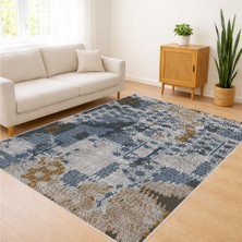 Mavi ve Bej Tonlarda Modern Eskitme Desenli Salon Halısı Antialerjik Kaymaz Tabanlı - Sm-04