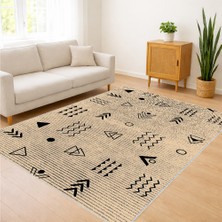 Bej Zeminli Siyah Etnik Desenli Salon Halısı Yıkanabilir Toz Tutmaz Kaymaz Tabanlı - SD-1153