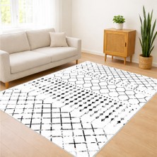 Beyaz Zeminli Siyah Geometrik Çizgili Salon Halısı Antialerjik Kaymaz Tabanlı Net Kontrast - SD-1170