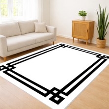 Beyaz Zeminli Siyah Çerçeveli Modern Salon Halısı Yıkanabilir Toz Tutmaz Kaymaz Tabanlı - Sm-34