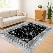 Siyah Zeminli Beyaz Mermer Efektli Salon Halısı Yıkanabilir Toz Tutmaz Kaymaz Tabanlı - Sm-38