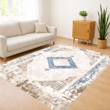 Krem Zemin Üzerine Mavi Detaylı Modern Desenli Salon Halısı Antialerjik Kaymaz Tabanlı Ferah Yaşam Alanları Için - FNL-213