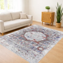 Açık Mavi ve Kırmızı Detaylı Klasik Salon Halısı Yıkanabilir Antialerjik Kaymaz Tabanlı - FNL-466