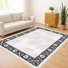 Krem Zeminli Siyah Bordürlü Salon Halısı Yıkanabilir Antialerjik Kaymaz Tabanlı Zamansız Tasarım - FNL-478