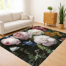Siyah Zeminli Büyük Çiçek Desenli Salon Halısı Yıkanabilir Kaymaz Tabanlı Dikkat Çekici Tasarım - SM-700