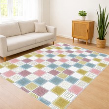 Pastel Tonlarda Kare Desenli Salon Halısı Yıkanabilir Toz Tutmaz Kaymaz Tabanlı Ferah Kullanım - SM-138