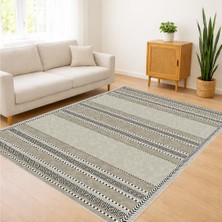 Bej Zeminli Çizgili Modern Salon Halısı Yıkanabilir Toz Tutmaz Kaymaz Tabanlı - SM-167