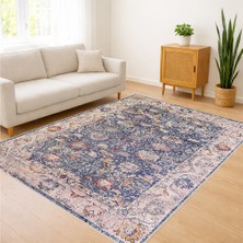 Gri ve Mavi Tonlarda Klasik Eskitme Desenli Salon Halısı Toz Tutmaz Kaymaz Tabanlı - RVG8138