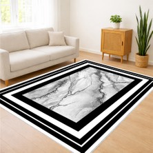 Beyaz Zeminli Siyah Çerçeveli Mermer Efektli Salon Halısı Antialerjik Kaymaz Tabanlı - SM-155