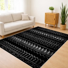 Siyah Zeminli Etnik Çizgisel Desenli Salon Halısı Antialerjik Kaymaz Tabanlı Güçlü Görünüm - SD-1172