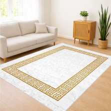 Beyaz Zeminli Altın Bordürlü Salon Halısı Toz Tutmaz Kaymaz Tabanlı Zarif Dekorasyon - SD-1077
