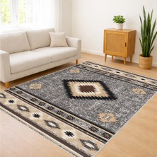 Bej ve Siyah Tonlarda Merkezi Motifli Salon Halısı Antialerjik Kaymaz Tabanlı Dengeli Stil - Sm-29