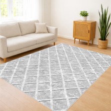 Açık Gri Zeminli Ince Çizgili Salon Halısı Yıkanabilir Kaymaz Tabanlı Ferah Stil - SM-442