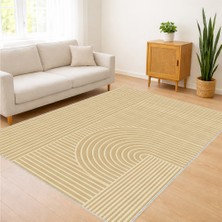 Açık Sarı Tonlarda Çizgisel Desenli Salon Halısı Yıkanabilir Kaymaz Tabanlı Aydınlık Mekanlar Için - FNL-343