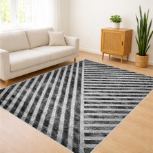 Siyah ve Gri Tonlarda Çizgisel Modern Desenli Salon Halısı Toz Tutmaz Kaymaz Tabanlı Güçlü Stil - RVG1042