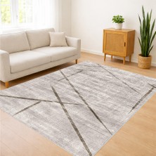 Açık Gri Tonlarda Minimal Çizgisel Desenli Salon Halısı Toz Tutmaz Kaymaz Tabanlı Modern Kullanım - FNL-405