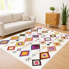 Krem Zeminli Renkli Etnik Desenli Salon Halısı Yıkanabilir Antialerjik Kaymaz Tabanlı - SD-952