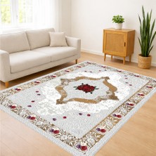 Krem Zeminli Etnik Motifli Renkli Salon Halısı Yıkanabilir Kaymaz Tabanlı Toz ve Leke Tutmaz Sıcak Dekorasyon Için - Sm-15