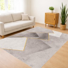Açık Gri ve Krem Tonlarda Geometrik Desenli Salon Halısı Toz Tutmaz Kaymaz Tabanlı - FNL-298