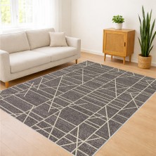 Gri Zeminli Modern Çizgisel Desenli Salon Halısı Yıkanabilir Antialerjik Kaymaz Tabanlı - FNL-416