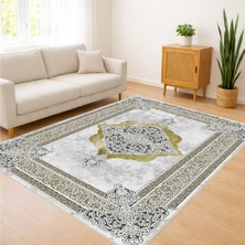 Açık Gri Zeminli Klasik Çerçeveli Salon Halısı Yıkanabilir Antialerjik Kaymaz Tabanlı - FNL-418