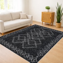 Siyah Zeminli Geometrik Çizgili Salon Halısı Antialerjik Kaymaz Tabanlı Modern Kontrast - Sm-31