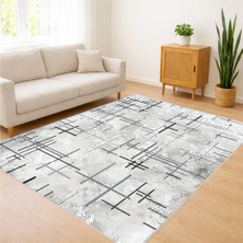 Beyaz Zeminli Ince Çizgili Modern Salon Halısı Yıkanabilir Kaymaz Tabanlı Ferah Stil - SM-581