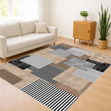 Bej ve Gri Tonlarda Modern Blok Desenli Salon Halısı Yıkanabilir Antialerjik Kaymaz Tabanlı - FNL-440