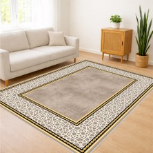 Bej Zeminli Altın Çerçeveli Klasik Salon Halısı Antialerjik Kaymaz Tabanlı Zamansız Tasarım - Sm-39