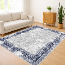 Lacivert Çerçeveli Klasik Desenli Salon Halısı Toz Tutmaz Kaymaz Tabanlı Zamansız Stil - FNL-429